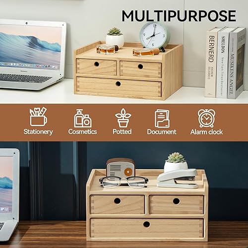 Miniatura 3 de KIRIGEN Estante organizador de madera con 3 cajones para decoración del hogar, suministros de oficina, gabinete de escritorio para organizador de