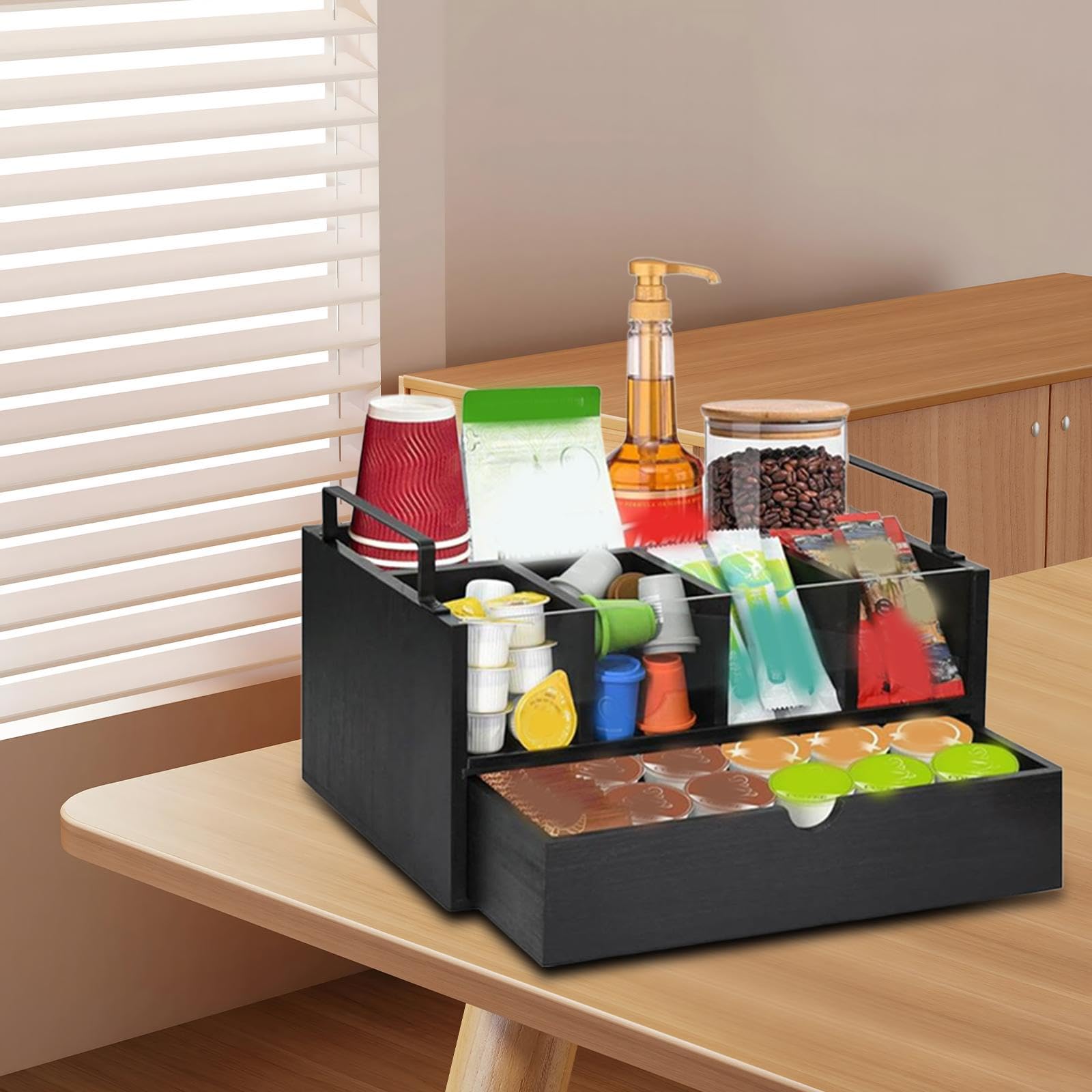 Coffee Stat nizer Drewniany uchwyt na kapsułki z 5 kartonami i pojemnikiem 34 x 24,5 x 20 cm do kuchni, biura, kawiarni, idealne akcesorium do kawy dla schludnego Sto
