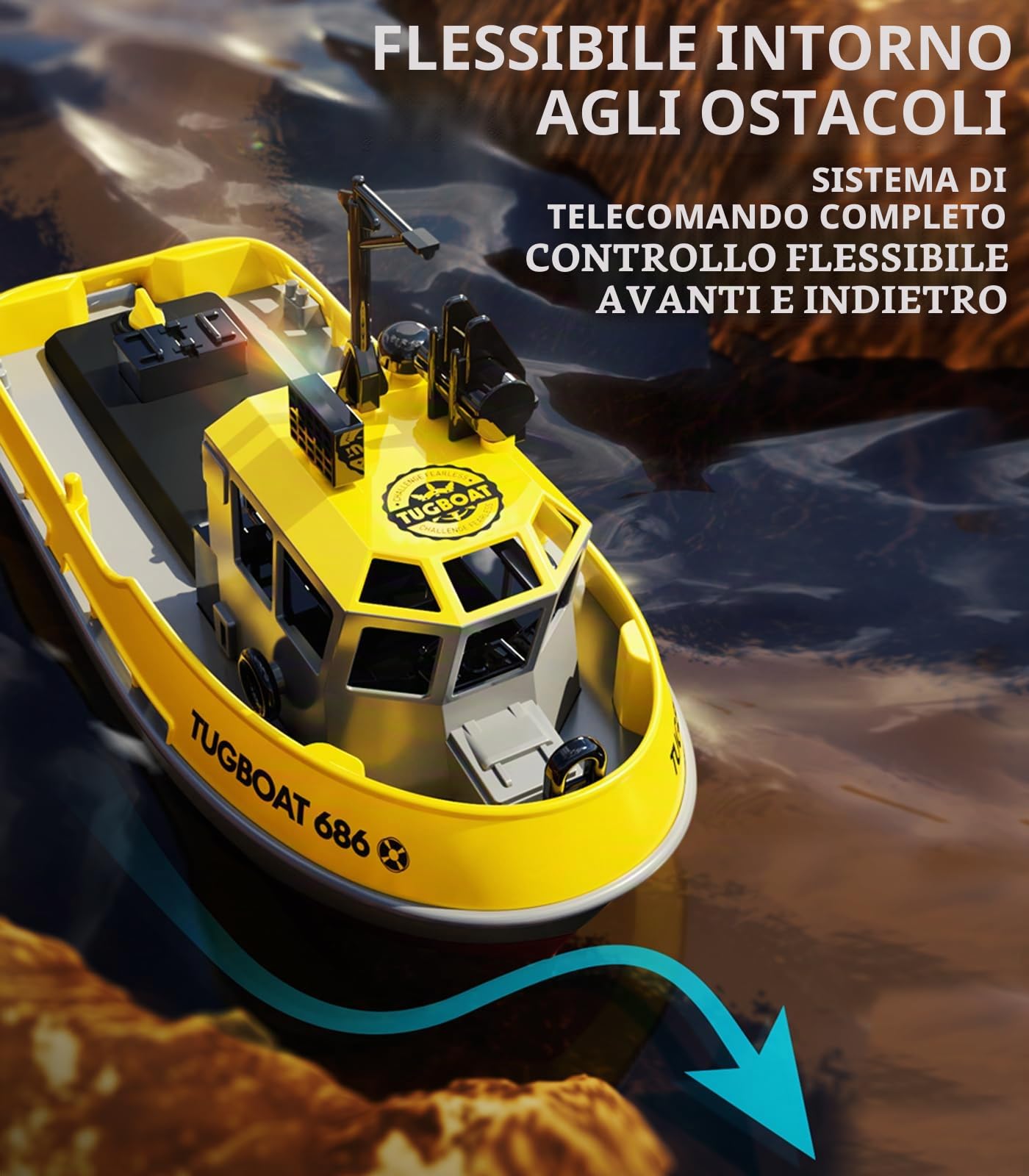 fisca Barca telecomandata – 1/72 barca RC ad alta velocità per piscine e laghi, rimorchiatori RC con 40 minuti di riproduzione e promemoria della batteria per bambini e adulti (giallo)
