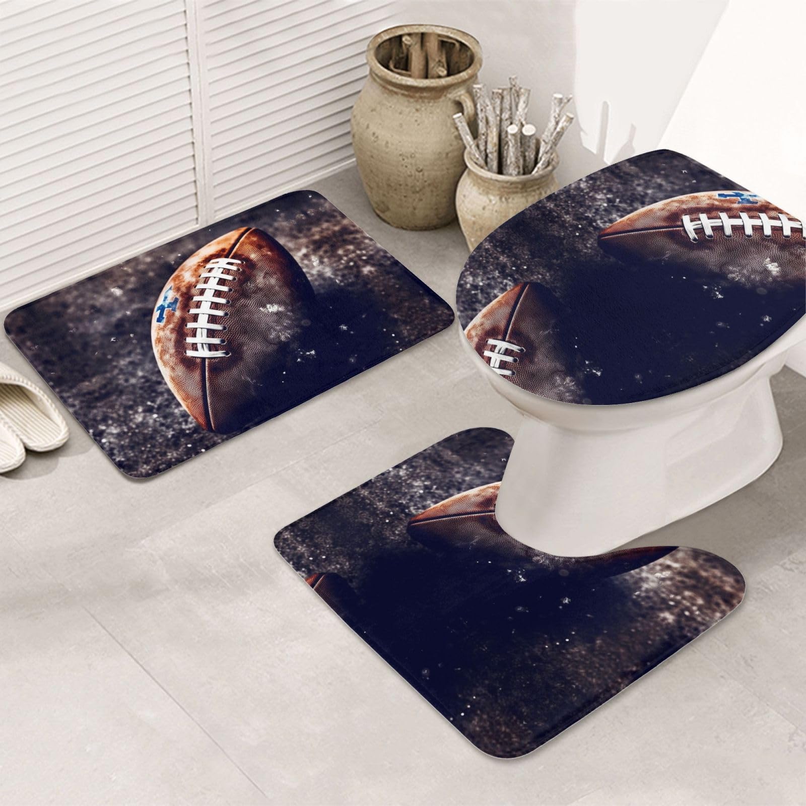 Dwrepo American Football Print Bathroom Rug Set 3 Piece with Non-Slip U-Shaped Contour Mat and Toilet Lid Cover for Bathroom Decoration