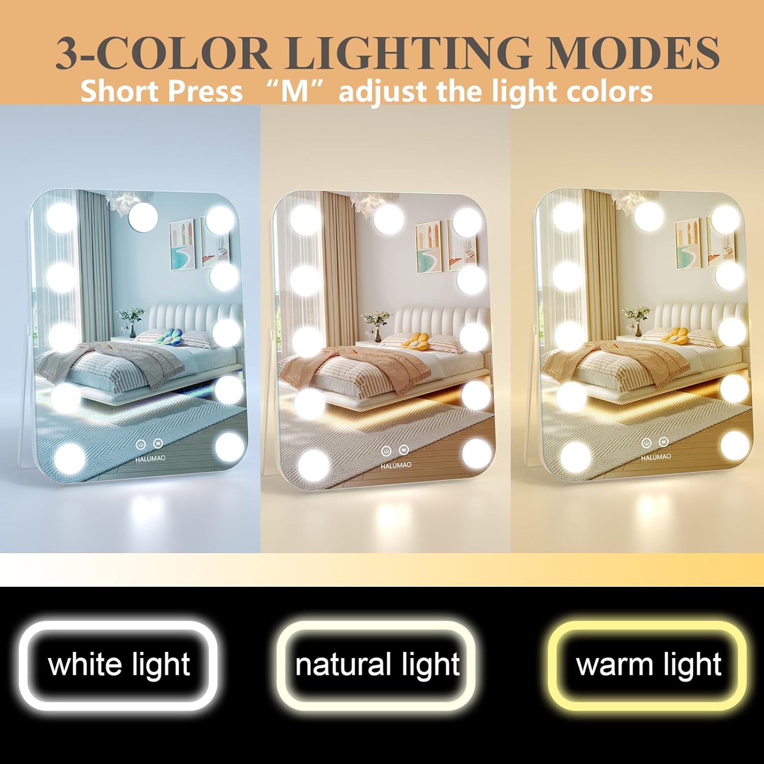 14.6" vanity/makeup mirror with lights, hollywood mirror with 11 dimmable led bulbs,3 color modes,touch control white 14.6"l x 11"w