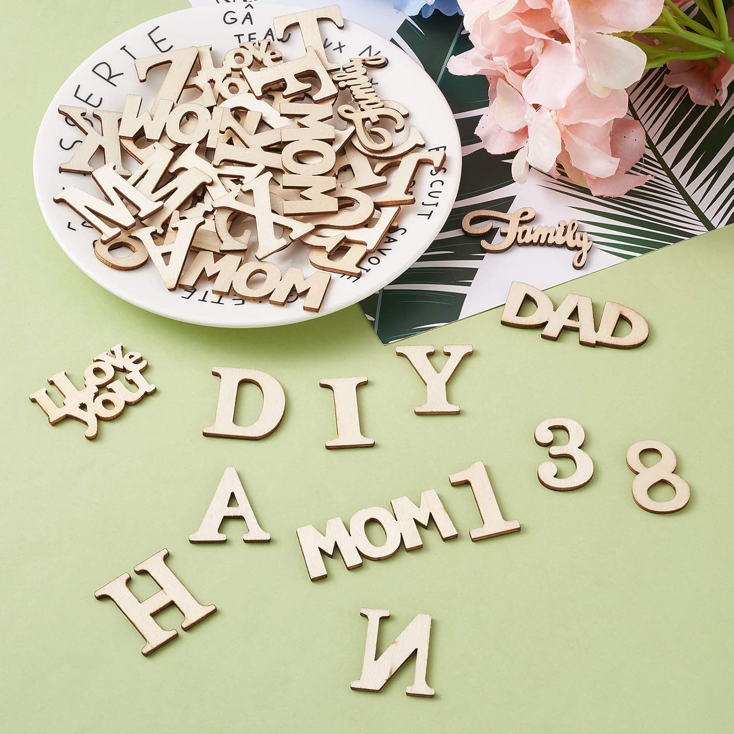 Craftdady 144pcs Unfinished Wooden Letters Pieces Natural Wood Alphabets Numbers Capital Lowercase Symbols Cutouts for Home Wall Decoration Craft Supplies