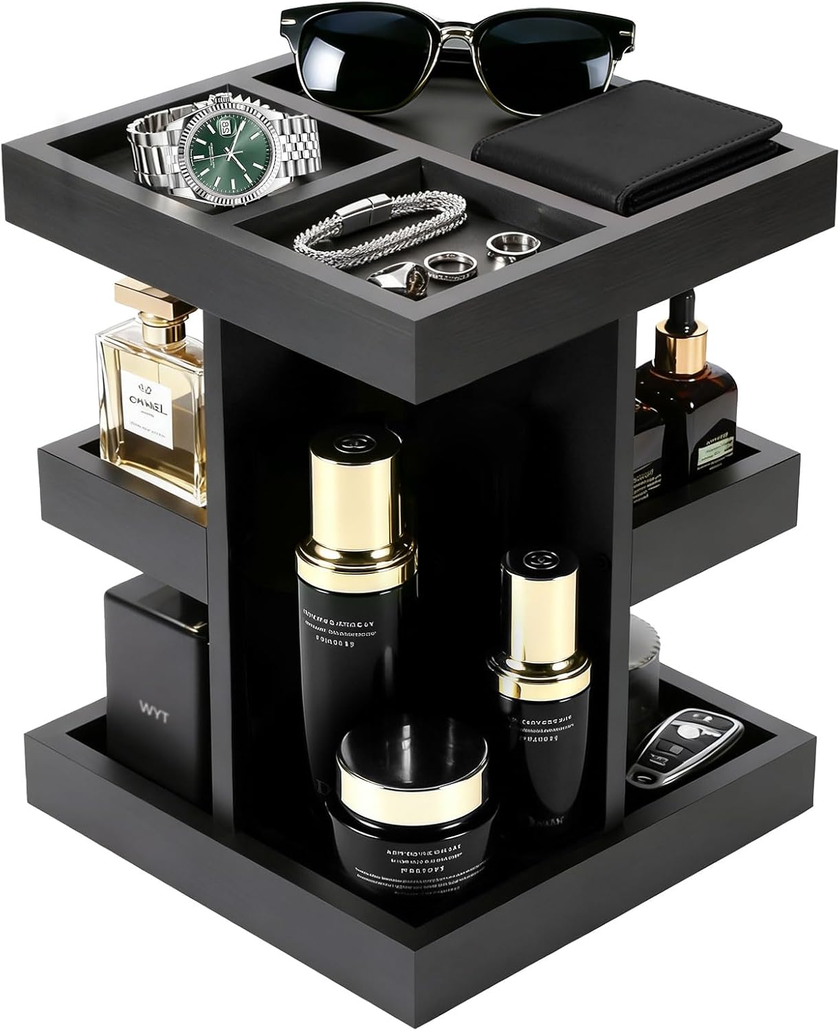 Black Cologne Organizer for Men, Cologne Rack Stand with 360° Rotate, 3 Tier Wooden Perfume Shelf, Desk Organizer, For Dad Husband Boyfriend Birthday Valentine's Day Gifts