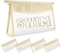 Vista 17 de Pequeñas bolsas de maquillaje transparentes de paja bohemia para mujeres y niñas, bolsa de cosméticos con cremallera de chenilla, bolsa de parche