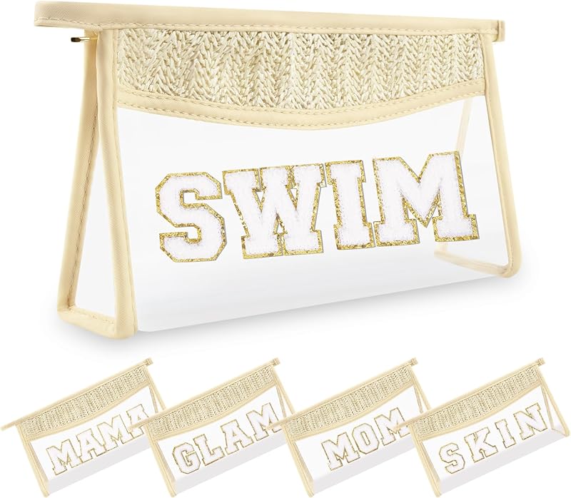 Necessaire transparente UIXIZQ com zíper, estampa de letras e detalhe de chenille, 26 cm x 6,99 cm x 14,99 cm