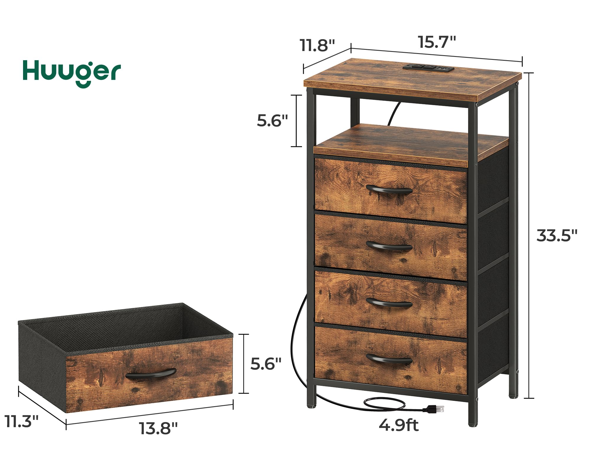 Huuger Night Stand with Charging Station, 4 Drawer Dresser for Bedroom, Bedside Table, 33.5 Inch Tall Nightstand with Open Shelf, End Table, for Closet, Entryway, Bedroom, Rustic Brown