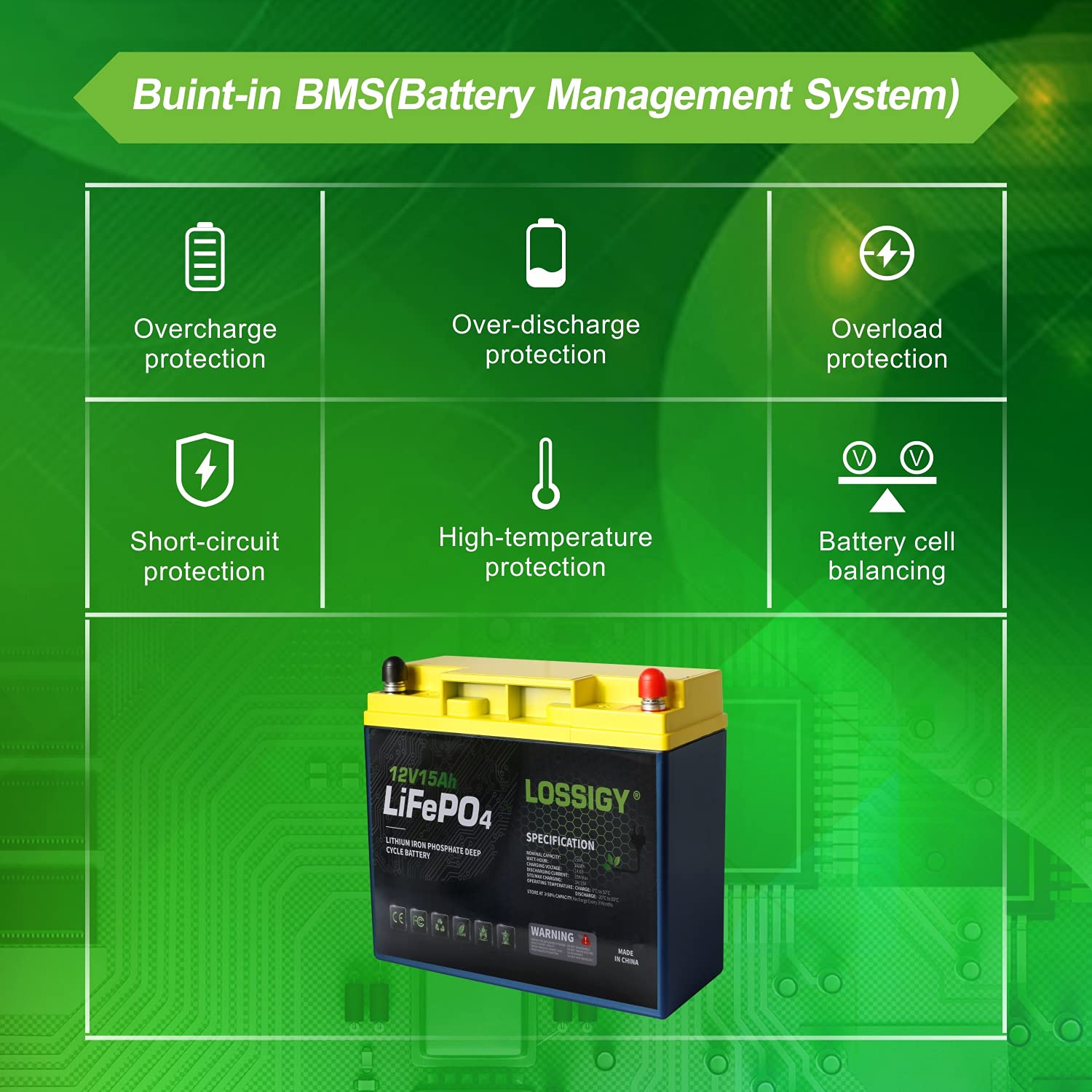 LOSSIGY 12 Volt Lithium Ion Battery 15Ah Rechargeable Lifepo4 Battery