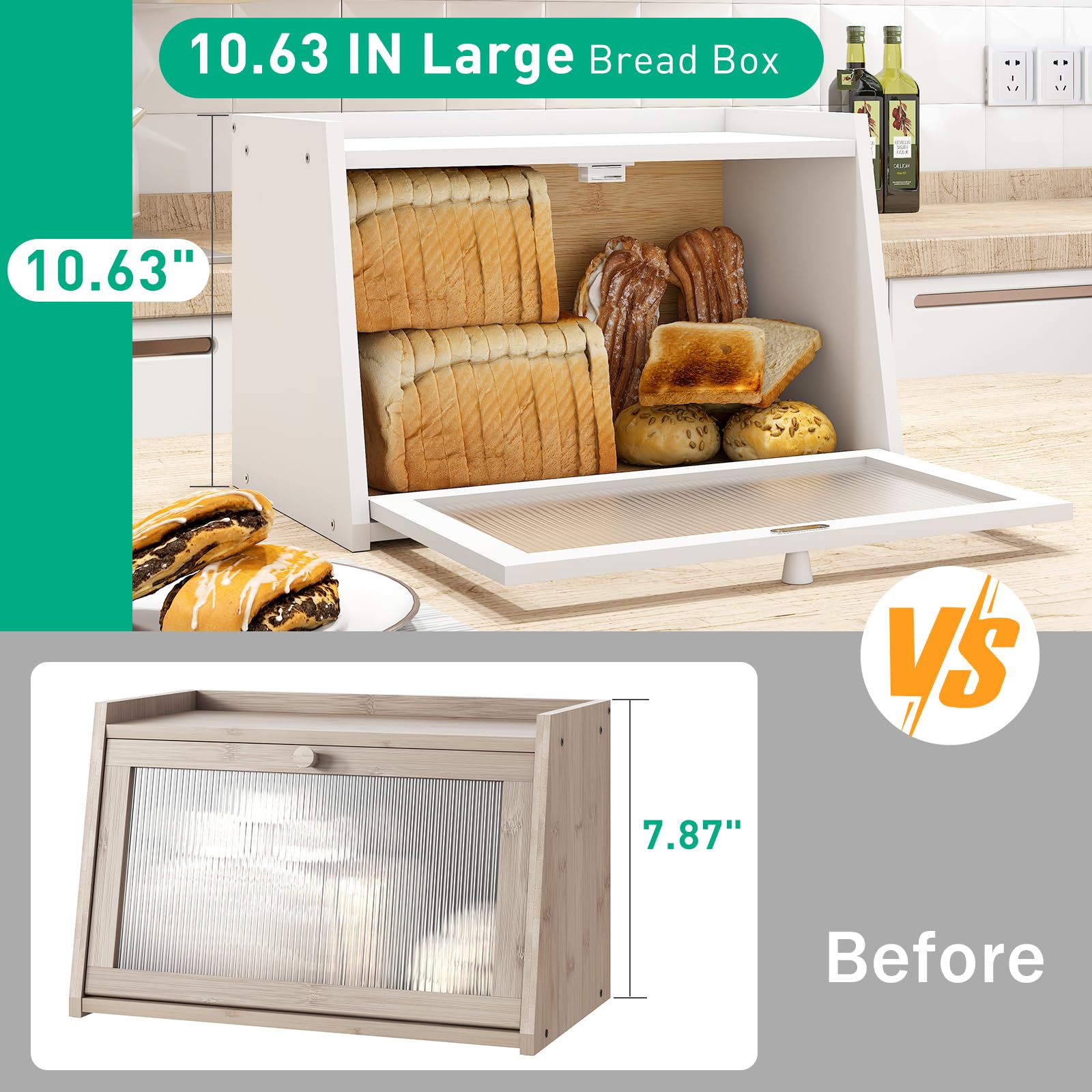 kiplant Brotbox für Küchentheke, großer Bambusbrot-Aufbewahrungsbehälter mit gewellter Acryl-Tür, Bambus-Holz-Bernhaus-Brotbox für Ihr Haus (Weiß, Mittel)