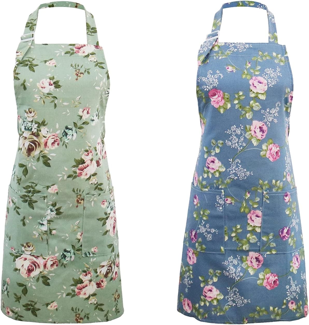 Kitchen Aprons for Women, 2 Pack Floral Aprons with 2 Pockets, Vintage Chef Bakers Apron for Cooking Baking Gardening, Birthday Mothers Day Apron Gifts for Mom Wife Sister Daughter Grandma