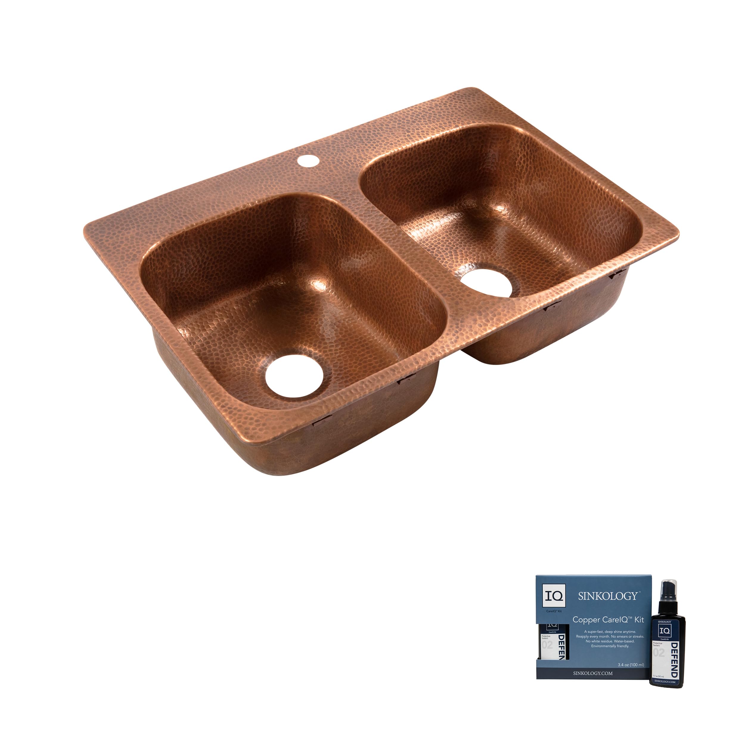 Photo 1 of Angelico Copper 33" Double Bowl Drop-In Kitchen Sink with 1 Hole and Care Kit