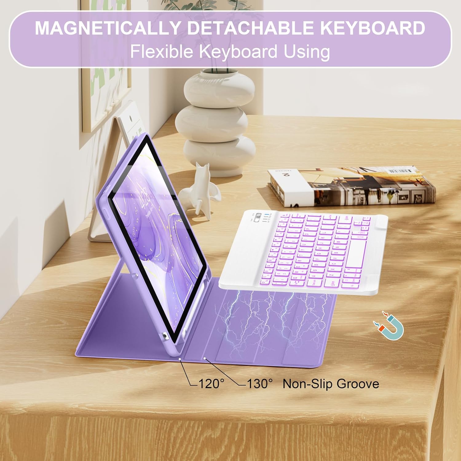 Soke for iPad 9th/8th/7th Generation Case with Keyboard 10.2 Inch-7 Color Backlitght Magnetic Wireless Detachable Folio Keyboard Cover with Pencil Holder for Apple iPad Gen 9/8/7, Violet Marble