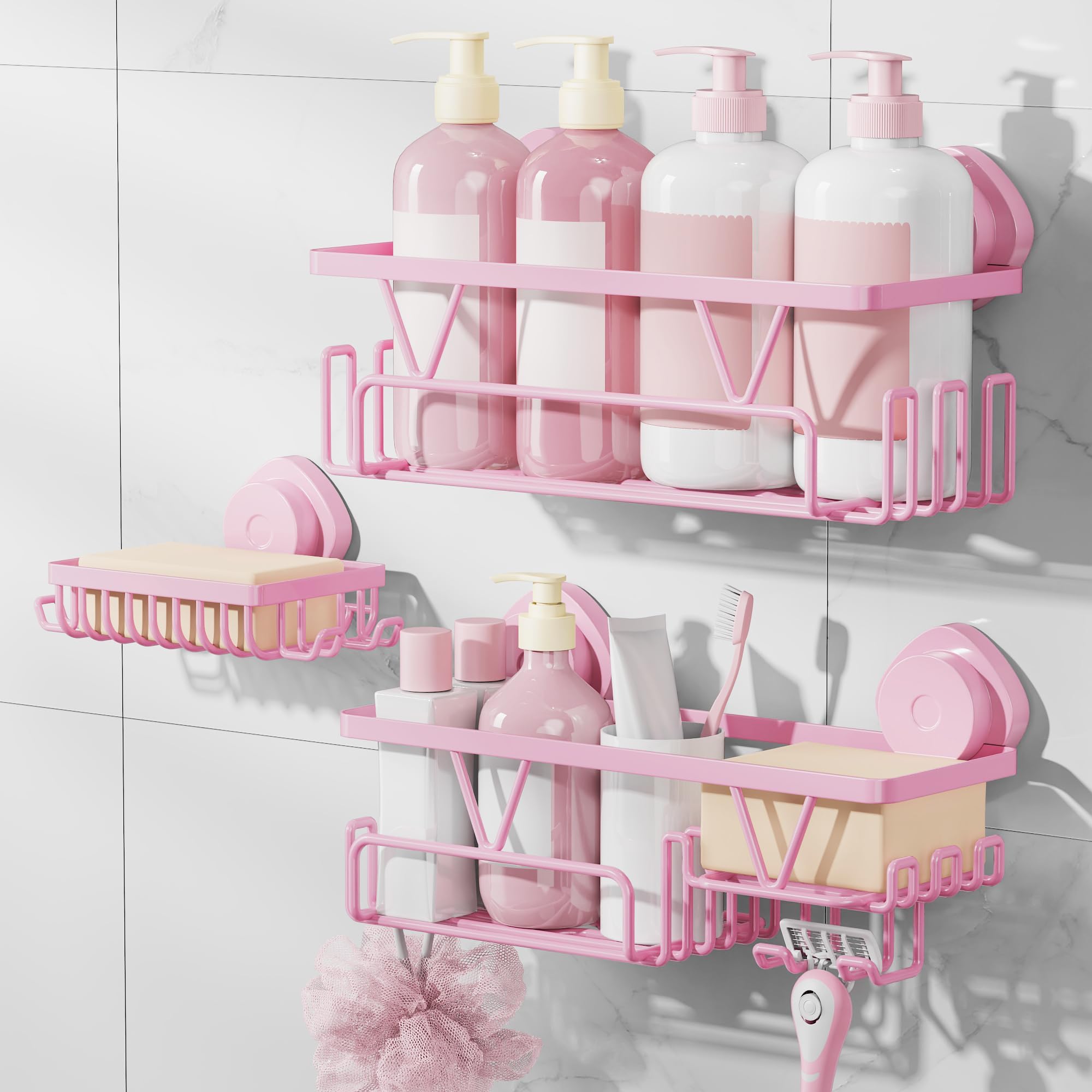 KEGII Suction Cup Shower Caddy – 3 Pack Suction Cup Shelf with Soap Holder & Hooks, Rustproof Stainless Steel Shower Organizer Rack, Removable No Drilling Bathroom Storage Rack, Pink