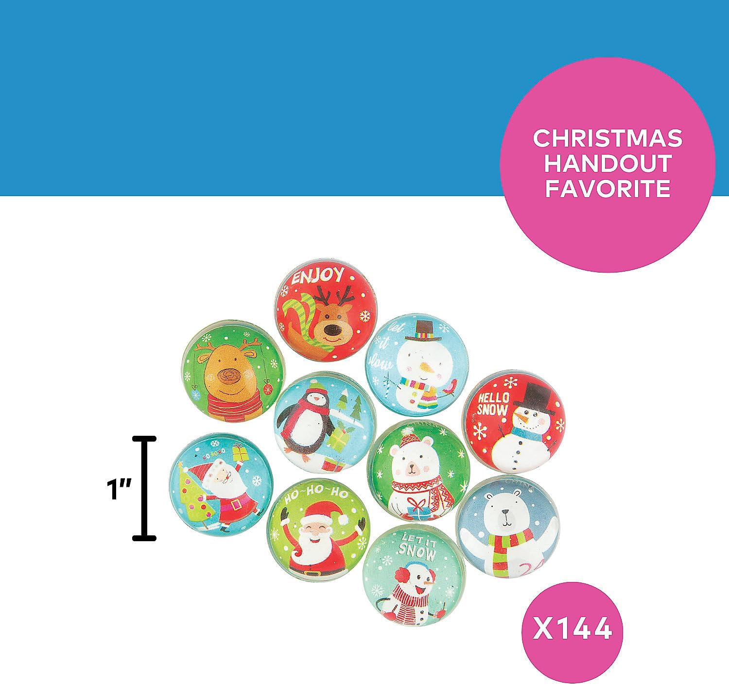 Fun Express Mini Christmas Bouncing Ball Assortment - Assorted Colors & Designs - Holiday Party Favors, Stocking Stuffers, Classroom Rewards - 144 Pieces