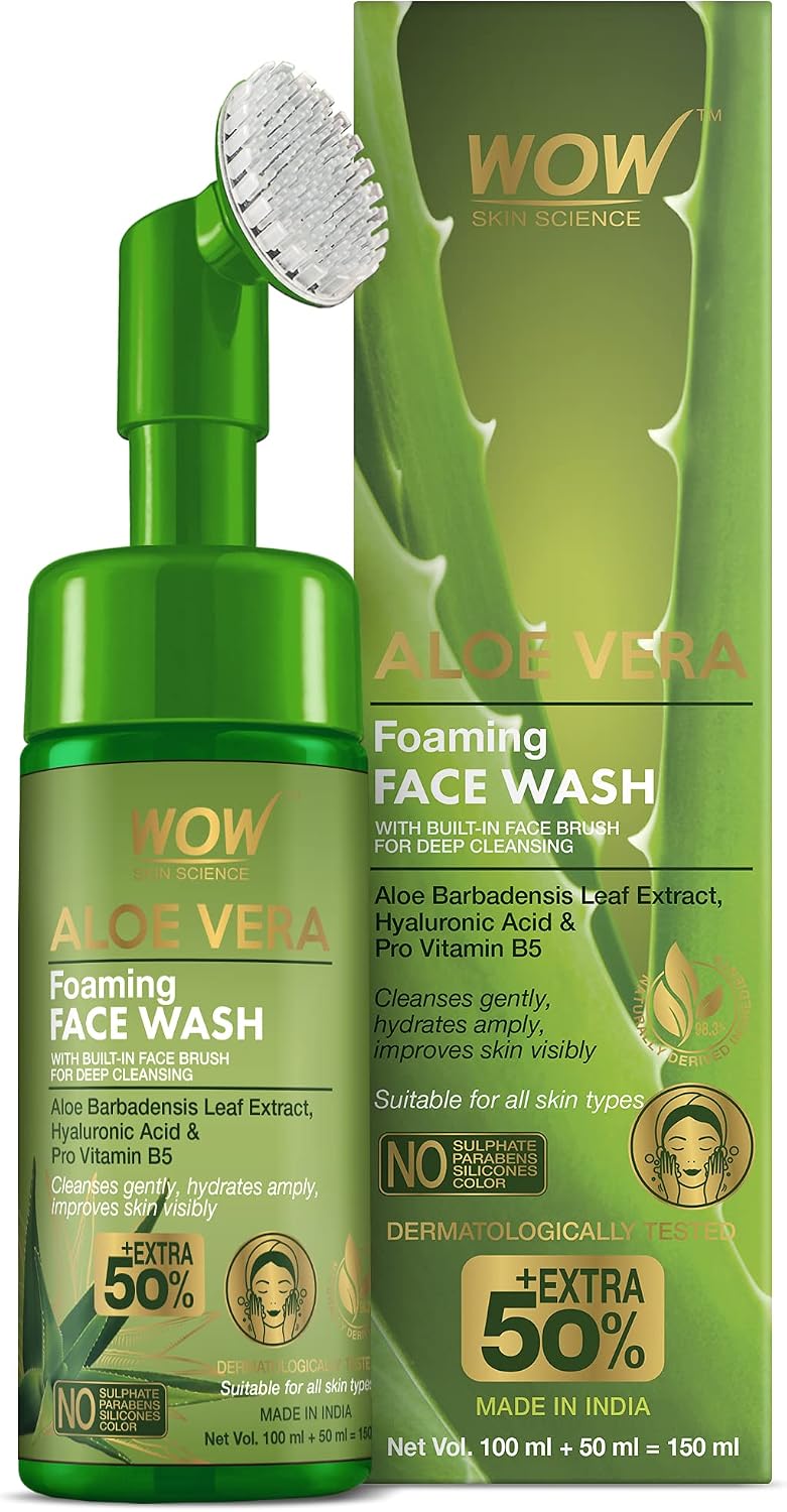 WOW Skin Science Aloe Vera Foaming Face Wash with Built-In Face Brush for deep cleansing, No Parabens, Sulphate