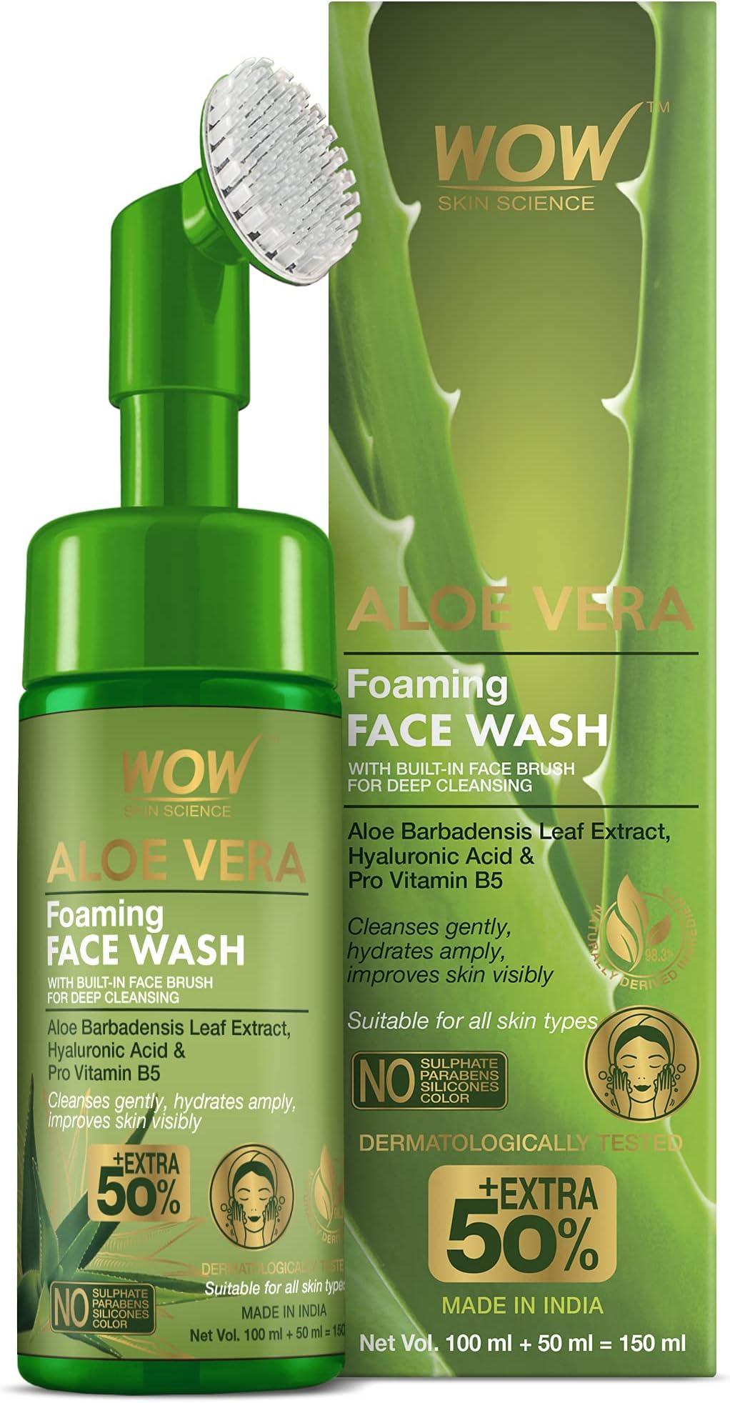WOW Skin Science Aloe Vera Foaming Face Wash with Built-In Face Brush for deep cleansing - No Parabens, Sulphate, Silicones & Color - 100mL