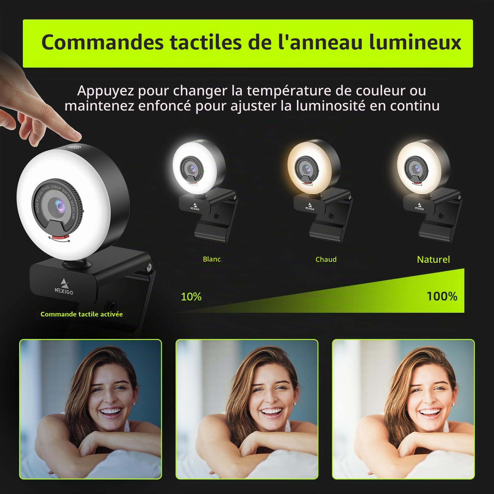 NexiGo N960E 1080P 60FPS Webcam avec lumière, Logiciel Inclus, AutoFocus Rapide, Couvercle de privacité, caméra Web USB, Double Microphone stéréo, pour Zoom Meeting Skype Teams Twitch