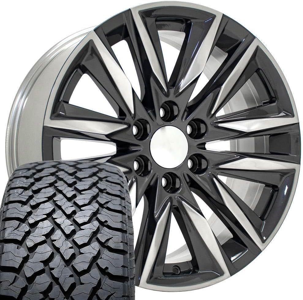 OE Wheels CA91 20 Inch Rims and Tires Fit Escalade Sport Style 6x139.7 20x9 Gloss Gunmetal with Polished Face - Hollander 4869 - TS-37 AT 275/55-20 (Set of 4)