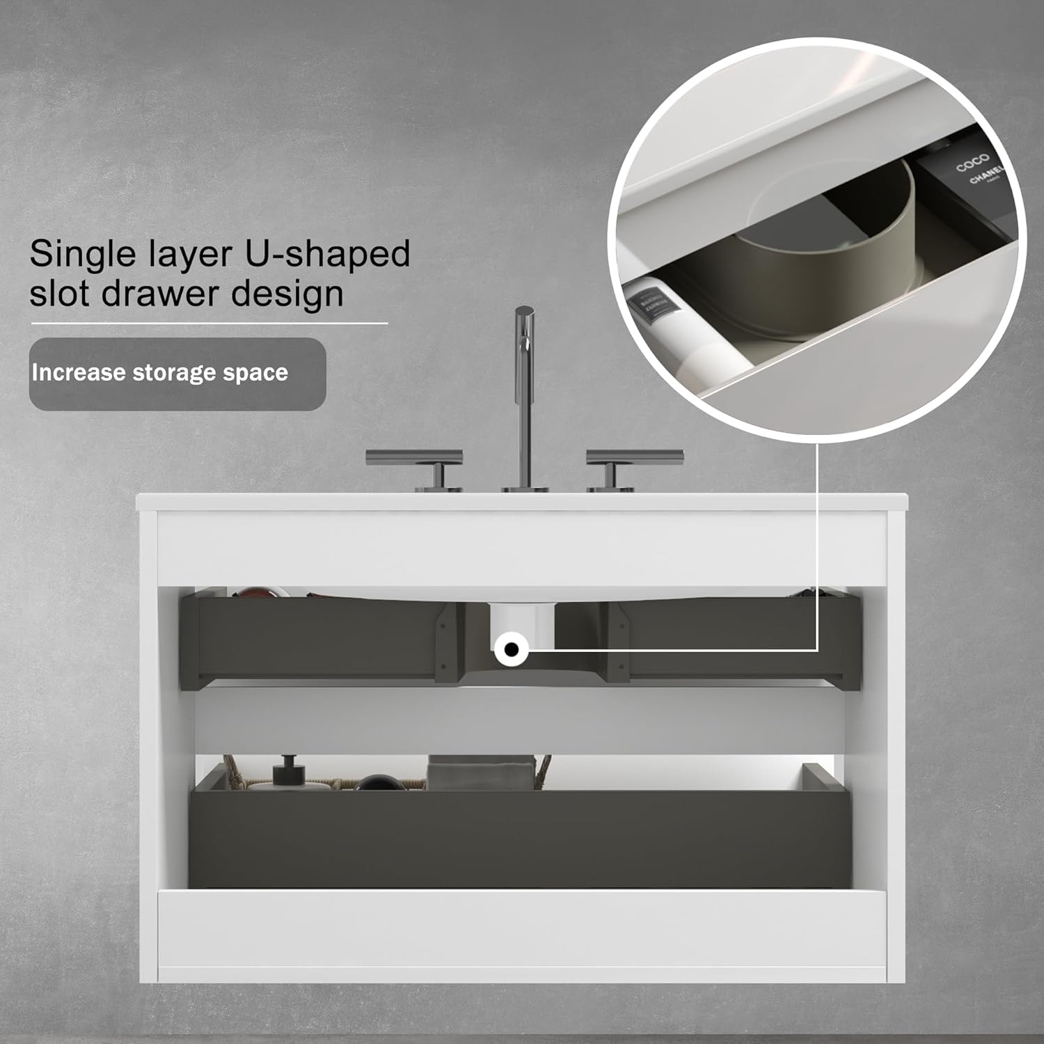 Floating Wall Mounted Bathroom Vanity with Integrated Overflow Sink Basin - High-Gloss White Double Hole Faucet Cabinet (36" Minimalist Design) for Spacious Modern Bathrooms