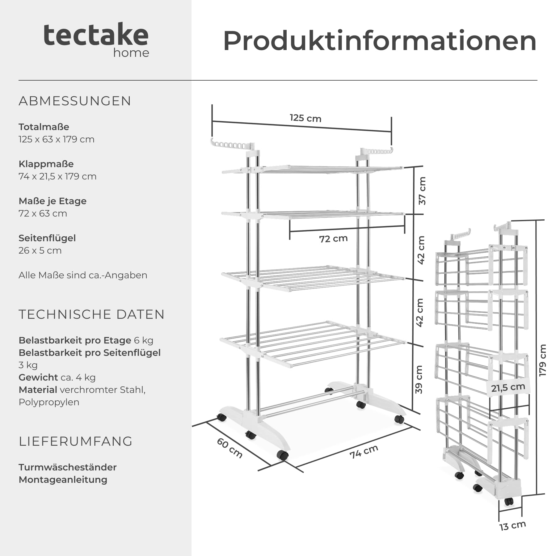 TecTake® klappbarer Turmwäscheständer mit 4 Etagen, 2 schwenkbare Seitenflügel, 6 Rollen, platzsparender Wäscheständer, Trockenständer, Wäscheturm, Kleiderständer, Balkon Wäscheständer - weiß/Chrom