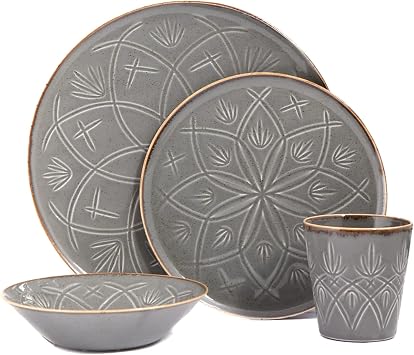 Porland Christina Porcelain Dinnerware 4 Piece Place Setting with Cup, 1 10.61 Dinner Plate, 1 8.25 Dessert/Side Plate, 1 6.29 Bowl, 1 10.82 oz Cup, Dark Grey