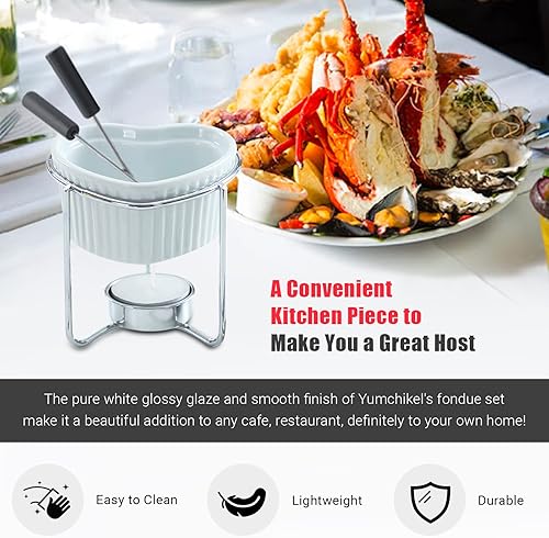 Miniatura 5 de Yumchikel Juego de fondue de 2 piezas, 4 onzas de cerámica en forma de corazón con tenedor para servir, soporte de acero y vela de té, juego de