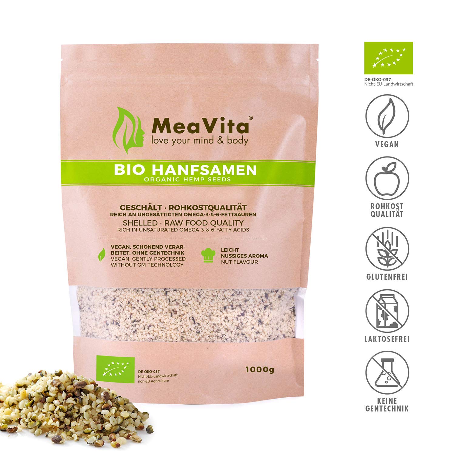 GreatVita Bio Hanfsamen, geschält, (3 x 1000g) natürliches Protein, Eiweiß