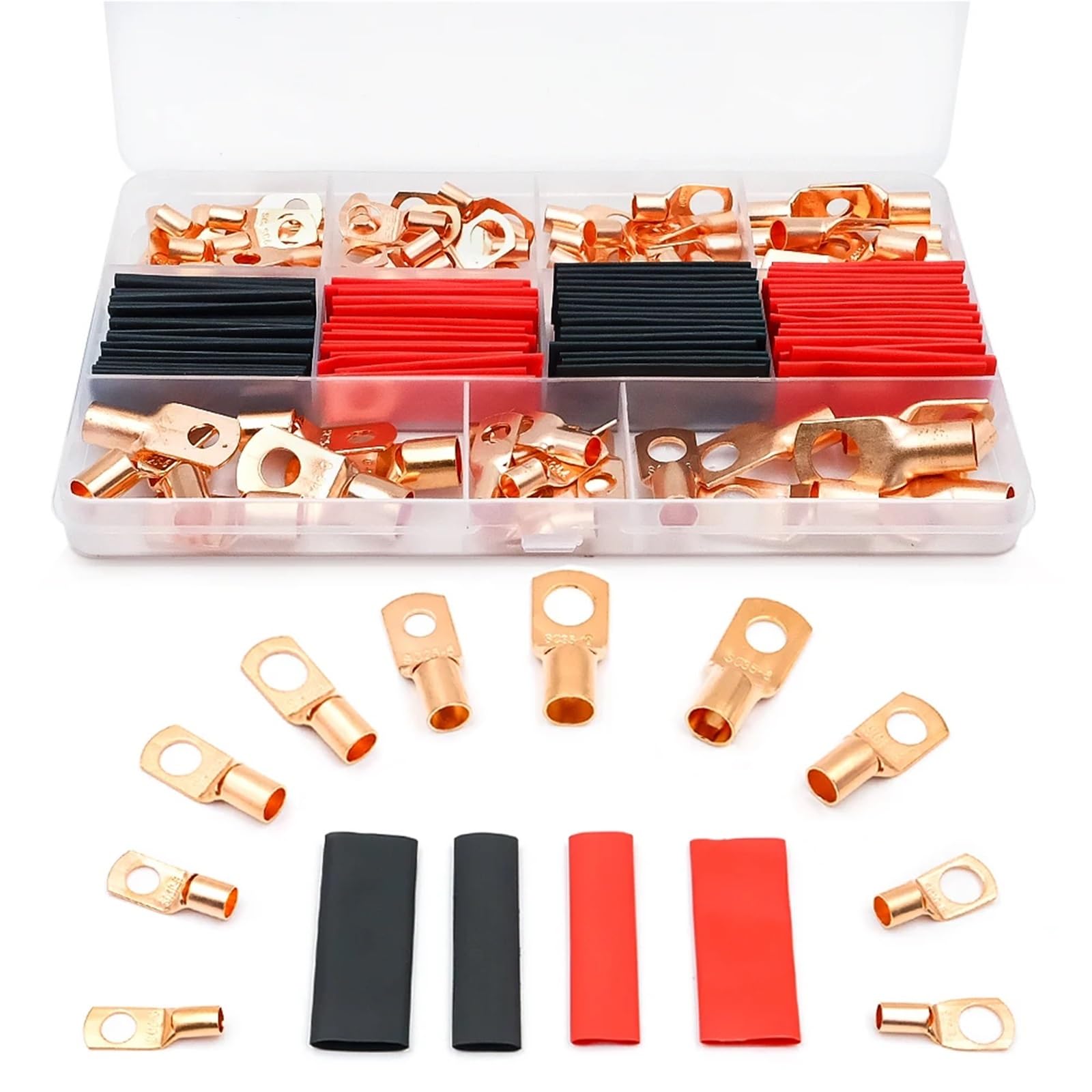 JDOUNFMO 150Pcs Copper Ring Terminals Kit, AWG12-2 Non-Insulated Lug Connectors with Heat Shrink Tubing for High Current Automotive/Marin