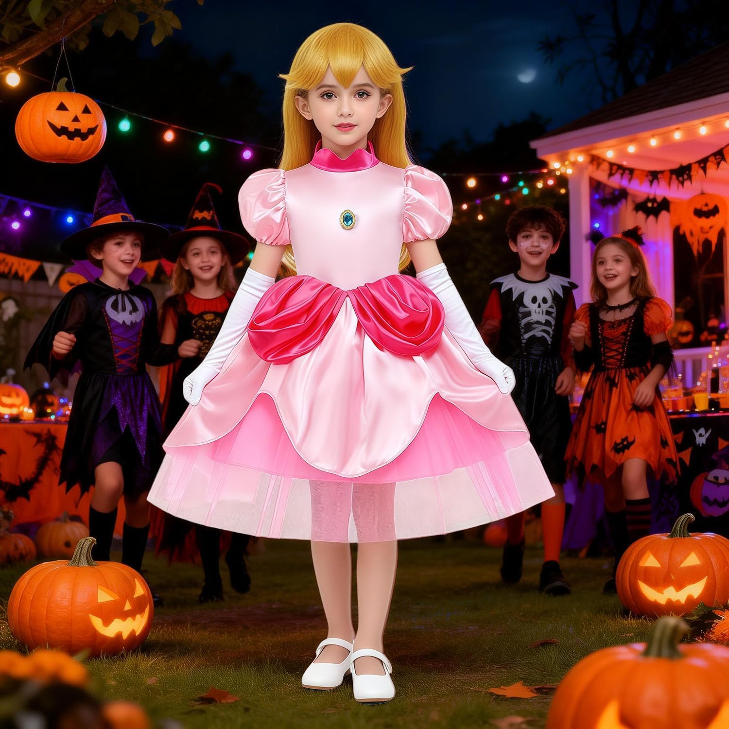 Girls Pink Princess Costume Kids Royal Fantasy Dress with Accessories Ball Gown Halloween Birthday Party Outfit