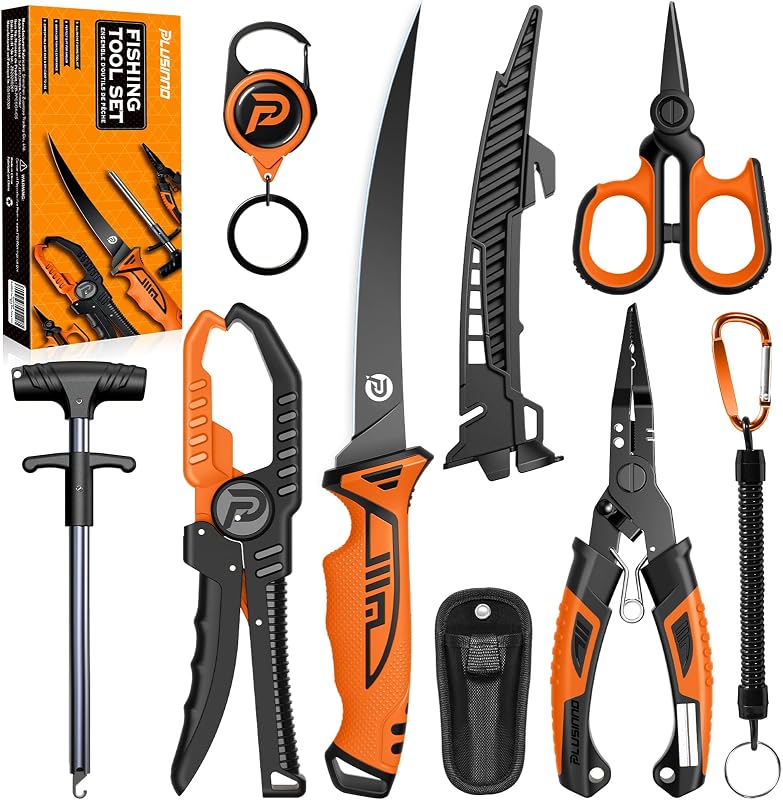 PLUSINNO Equipo de pesca, kit de herramientas de pesca, 7 piezas accesorios de pesca, alicates de pesca resistentes a la corrosión, cuchillo de pescado, pinza de labios de pescado, regalos de pesca para hombres