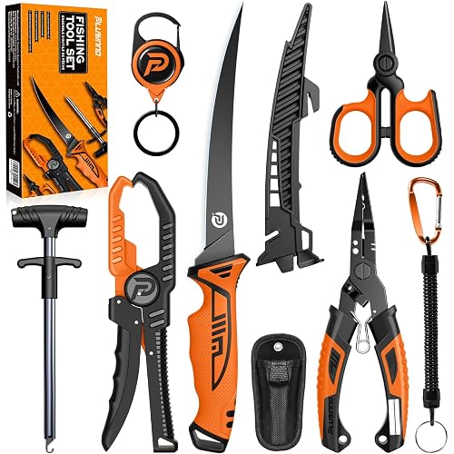 PLUSINNO Fishing Gear, Fishing Tools Kit, 7pcs Fishing Accessories, Corrosion Resistant Fishing Pliers, Fish Knife, Fish Lip Gripper, Fishing Gifts for Men
