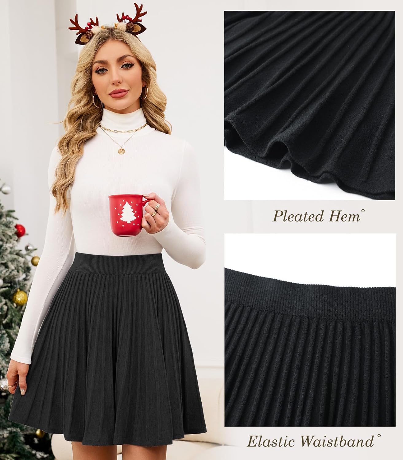 SEAFORM Women's Pleated Knit Mini Skirts Stretchy High Waist A-Line Casual Sweater Skirt Fall Winter Skirts for Women - Image 4