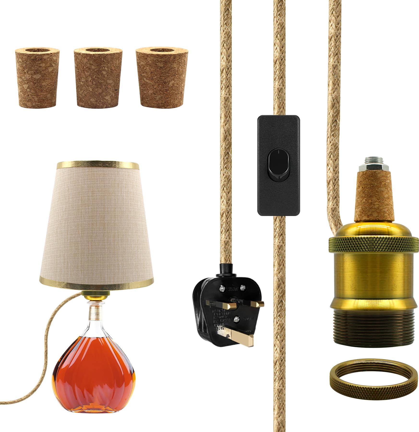 Lamp Kits Do it Yourself, Brass Bottle Lamp Kits, Gold Bottle Lamp Adaptor Kit with 240cm Plug in Cord
