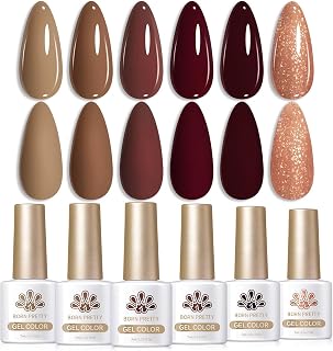 Born Pretty Fall Winter Gel Nail Polish Burgundy Wine Red Caramel Brown Coffee Autumn Gel Polish Set Gel Nail Kit Christmas Gift Nail Art Manicure Collection 6PCS 7ML