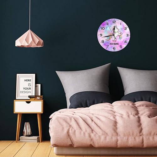 Vista 85 de Reloj de pared personalizado con diseño de unicornio y rosa con purpurina para habitación de los niños, reloj de pared personalizado con nombre