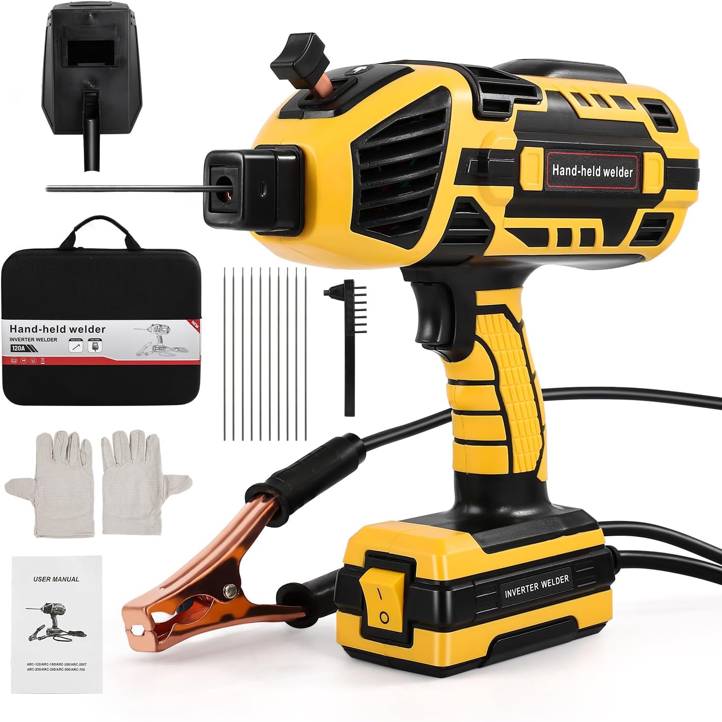 Portable Electric Welding Machine, 110V Handheld Welder Handheld with IGBT Inverter 6 Variable Current Adjustment 20-120Amp Welding Output for Metal Welding, Fence Repair, Ironwork Fabrication(Yellow)