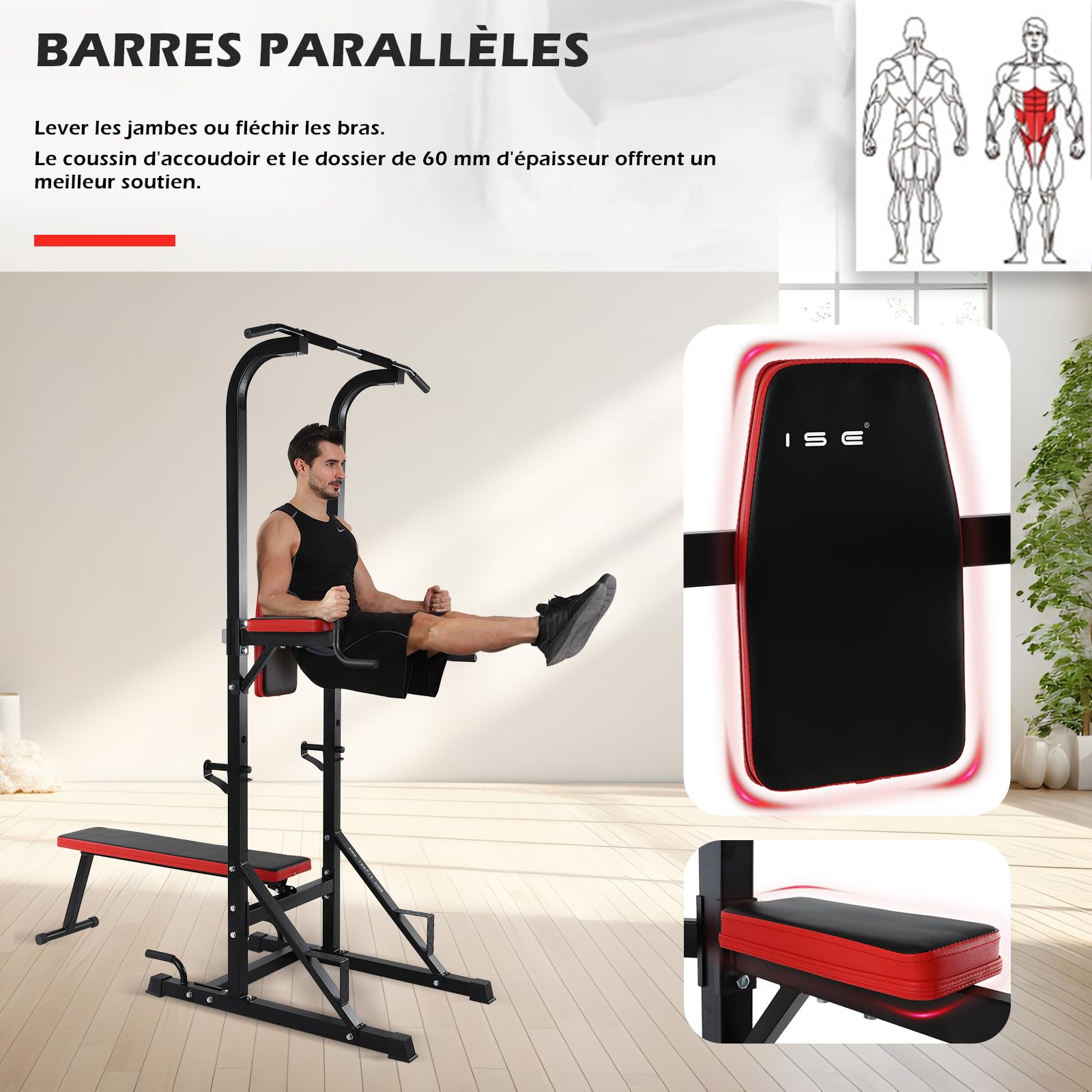 ISE Chaise Romaine Multifonction Barre de Traction Station avec Banc de Musculation pour Dips, Pompes, Développé-Couchés, Station Musculation, Chaises Romaine Complet Rouge/Noir 107x66x224CM