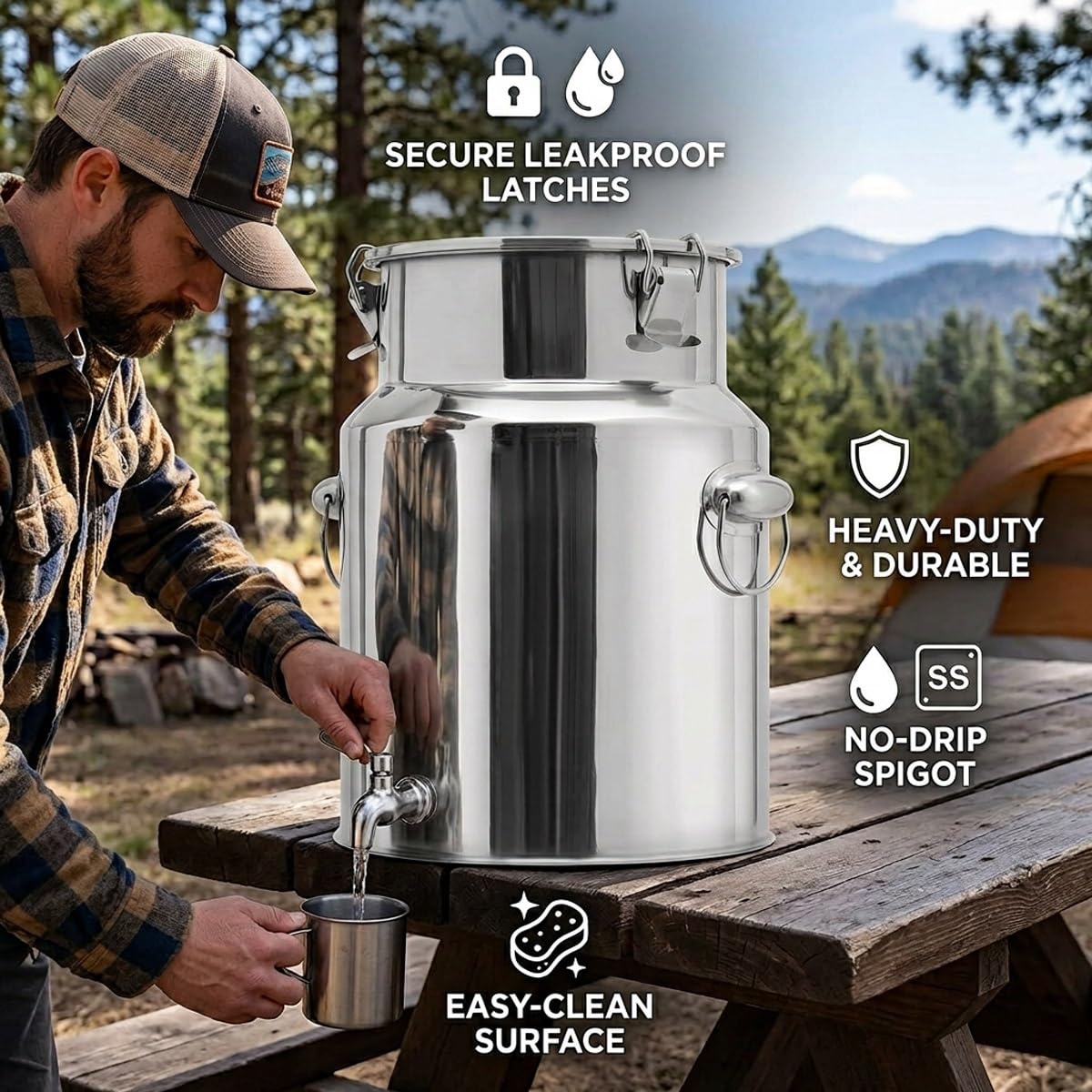 Luftdichte Milchkanne Edelstahl 5l 10l 60l | Milchkännchen mit Deckel & Verschlussklammer | Rostfreie Transportkanne für Flüssigkeit & Feststoffe(No Spigot,9L/2.38Gal)