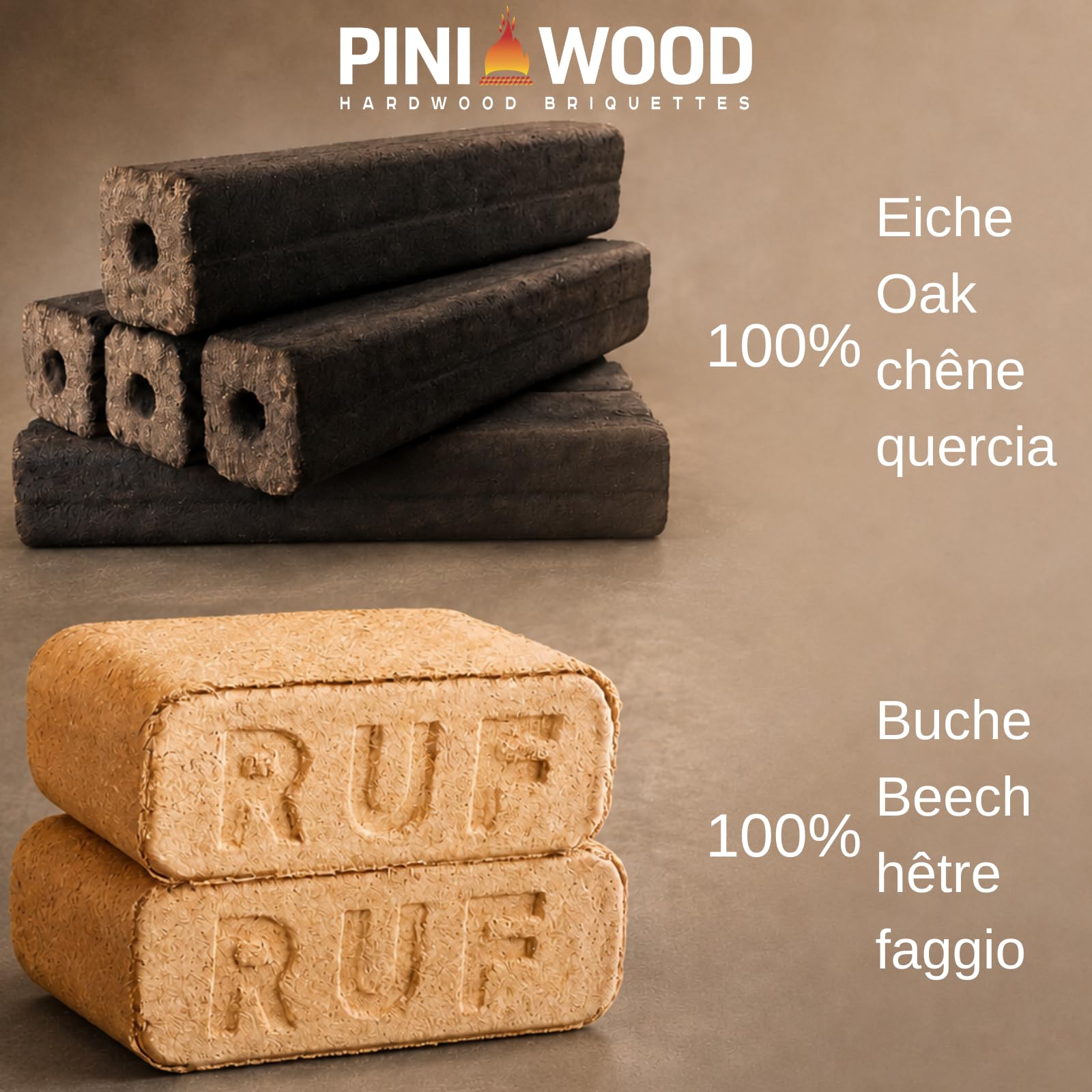 Zestaw brykietów drewnianych premium – 10 kg brykietów bukowych RUF + 7,5 kg dębowych brykietów drewnianych PINI Kay 23 cm do kominka, pieca i grilla