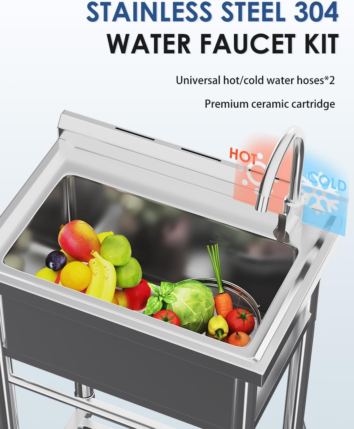 YODOLLA freistehend Edelstahl Spültisch mit Wasserhahn, Ablauf & Ablage | Einzelbecken mobiler Gewerbeküchenspüle, multifunktionale Küchenspüle für Outdoorküche, Waschtisch, Restaurant, Garage