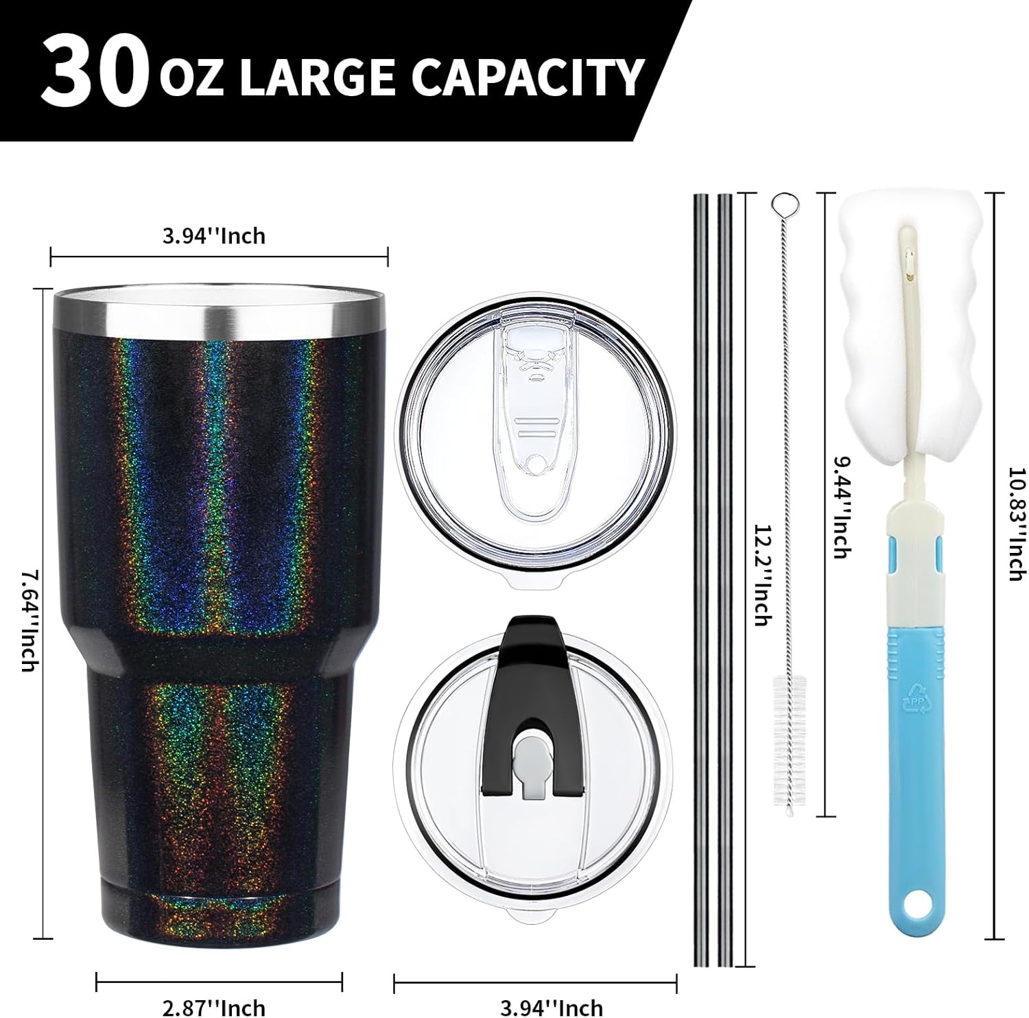 30 oz Tumbler with Lids and Straws, Stainless Steel Insulated Coffee Tumbler, Double Wall Vacuum Insulated Travel Mug Cup, Leakproof Thermal Coffee Cup for Hot and Cold Drinks (Glitter Black) - Image 2