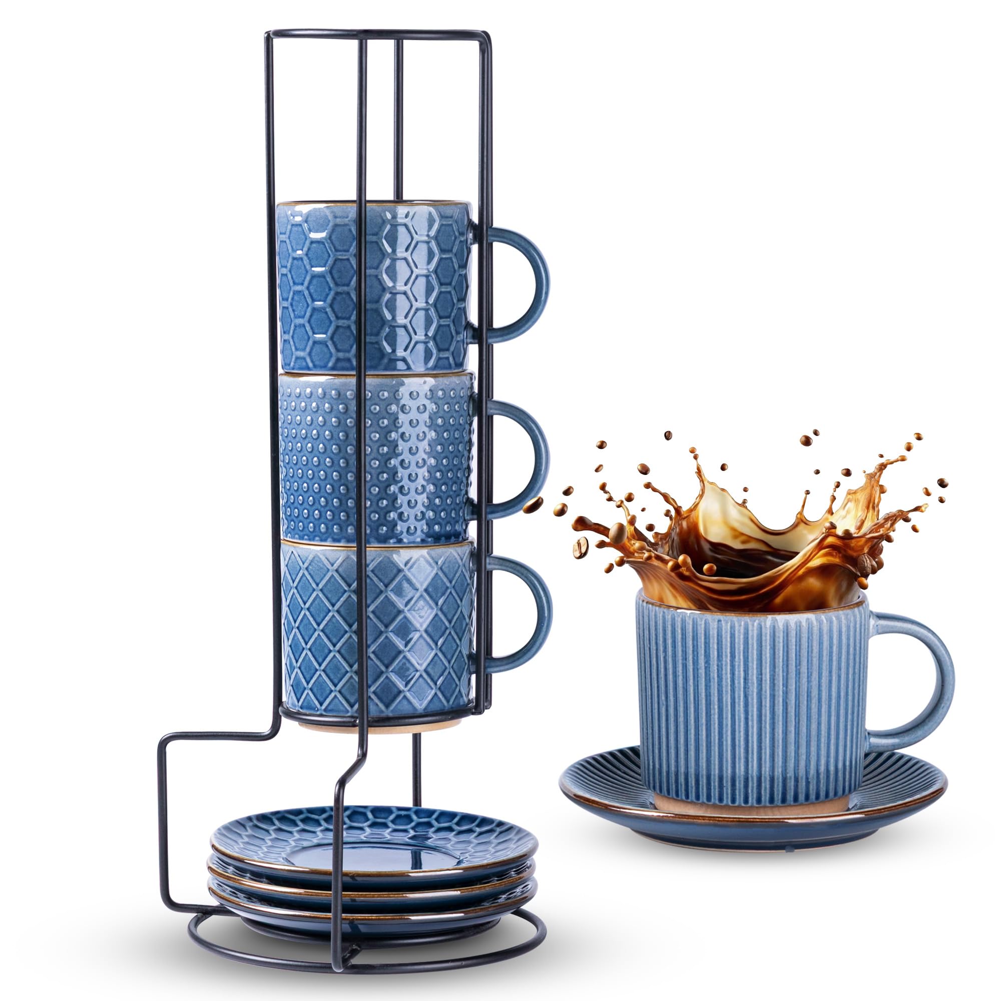 GBhome 180ml Stackable Coffee Cups and Saucers with Stand, Ceramic Coffee Cups with Textured Patterns for Man Woman Dad Mom Cup Set of 4 for Latte/Cappuccino/Cocoa — image 1