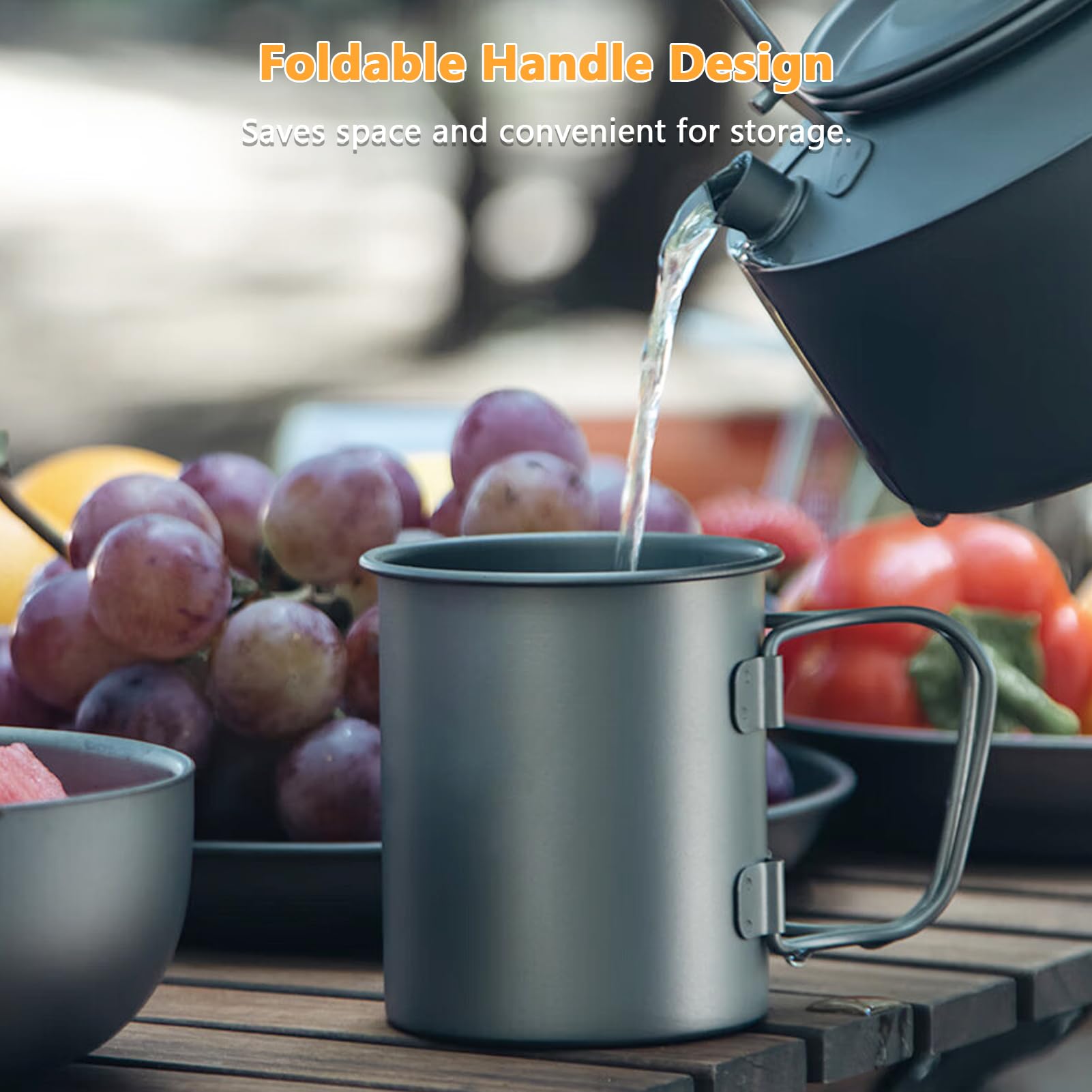 Juego de 2 Tazas de Titanio- Taza Ligera de Titanio para Acampar Al Aire Libre con Asa Plegable, Capacidad de 450ML y 750ML para Aventuras Al Aire Libre Senderismo y Viajes