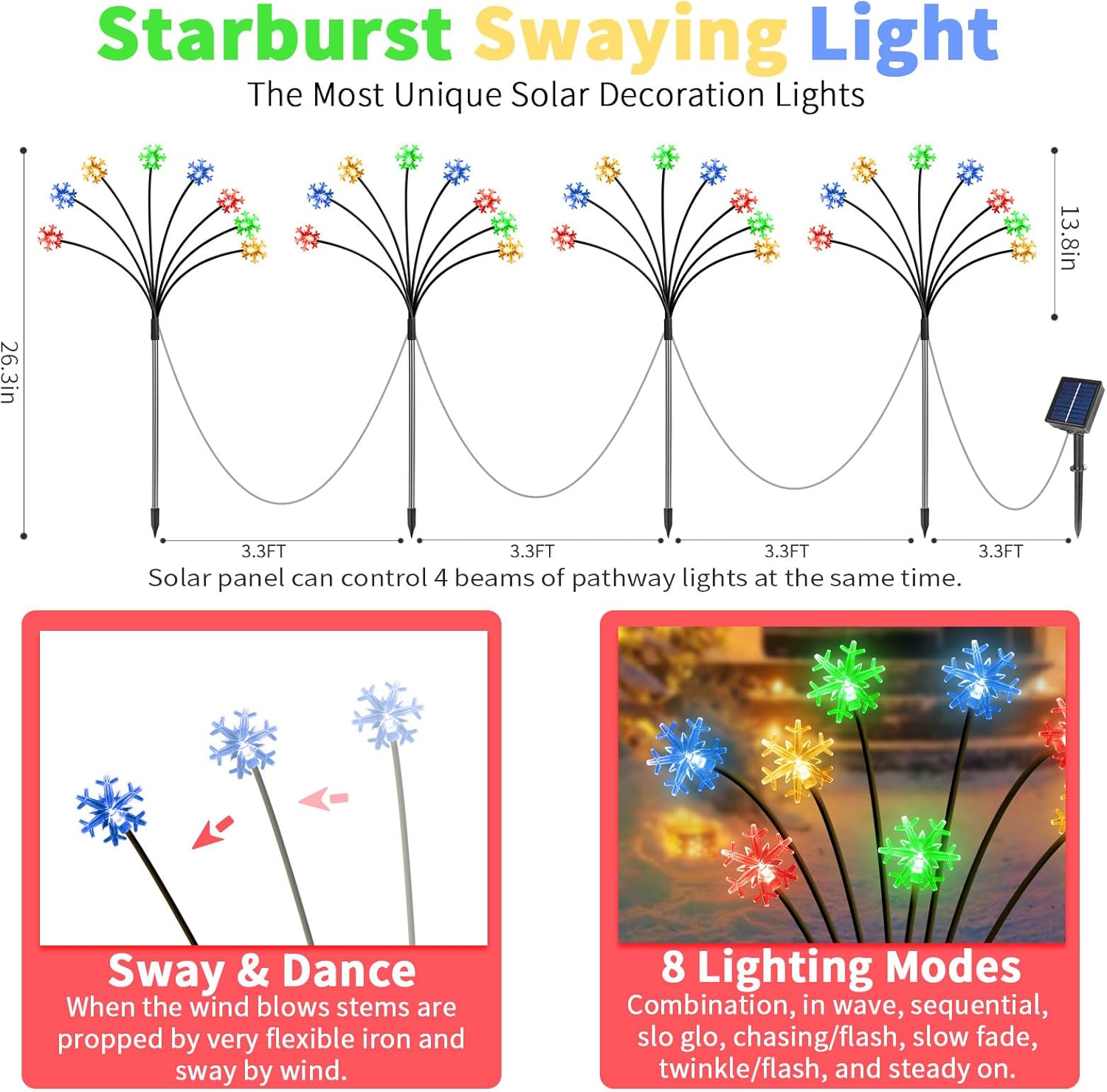 Newhale Set of 4 Snowflake Solar Christmas Decorations, 8 Modes Swaying Garden Lights, Outdoor Pathway Solar Christmas Stake Lights, Upgraded Base on Firefly Light for Lawn Decor (Multicolor)