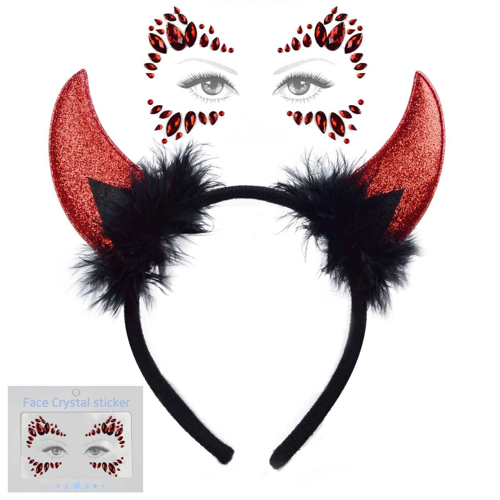 U-ZomirDevil Horns Headband with Face Jewels, Devil Costume for Women Halloween Headband Devil Costume Accessories