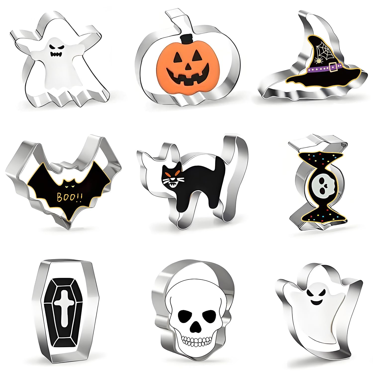 Halloween Cookie Cutters Set, 9-Piece Metal Cookie Cutters - Stainless Steel Silver, Including Pumpkin, Ghost, Coffin, Bat, Witch Hat, Cat, Candy, Skull, for Halloween Food Decor