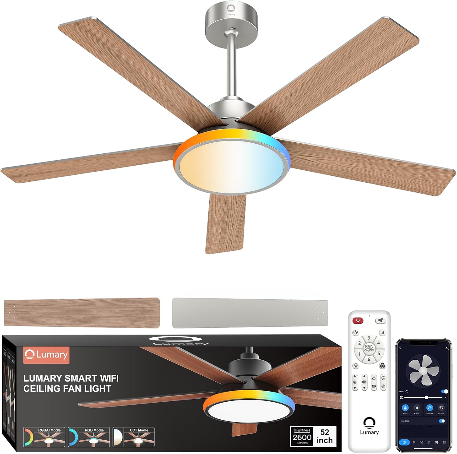 Lumary Smart Ceiling Fans with Lights 2600Lm RGBAI Smart Recessed Lighting 6 Inch