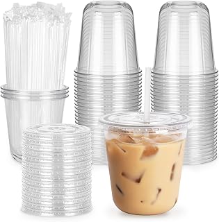 50 Set 12 oz Round Bottom Clear Plastic Cups with Lids and Straws | Disposable Iced Coffee Cups with Lids To Go Cold Drink Cups for Smoothie, Juice, Milkshake