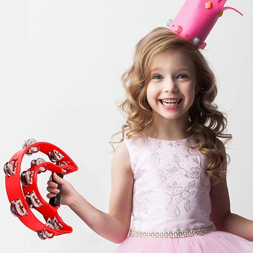 Miniatura 65 de EastRock Pandereta, pandereta de percusión de mano de metal Jingles - Pandereta de media luna para niños, adultos, KTV, fiesta rosa Halfmoon-1-PINK