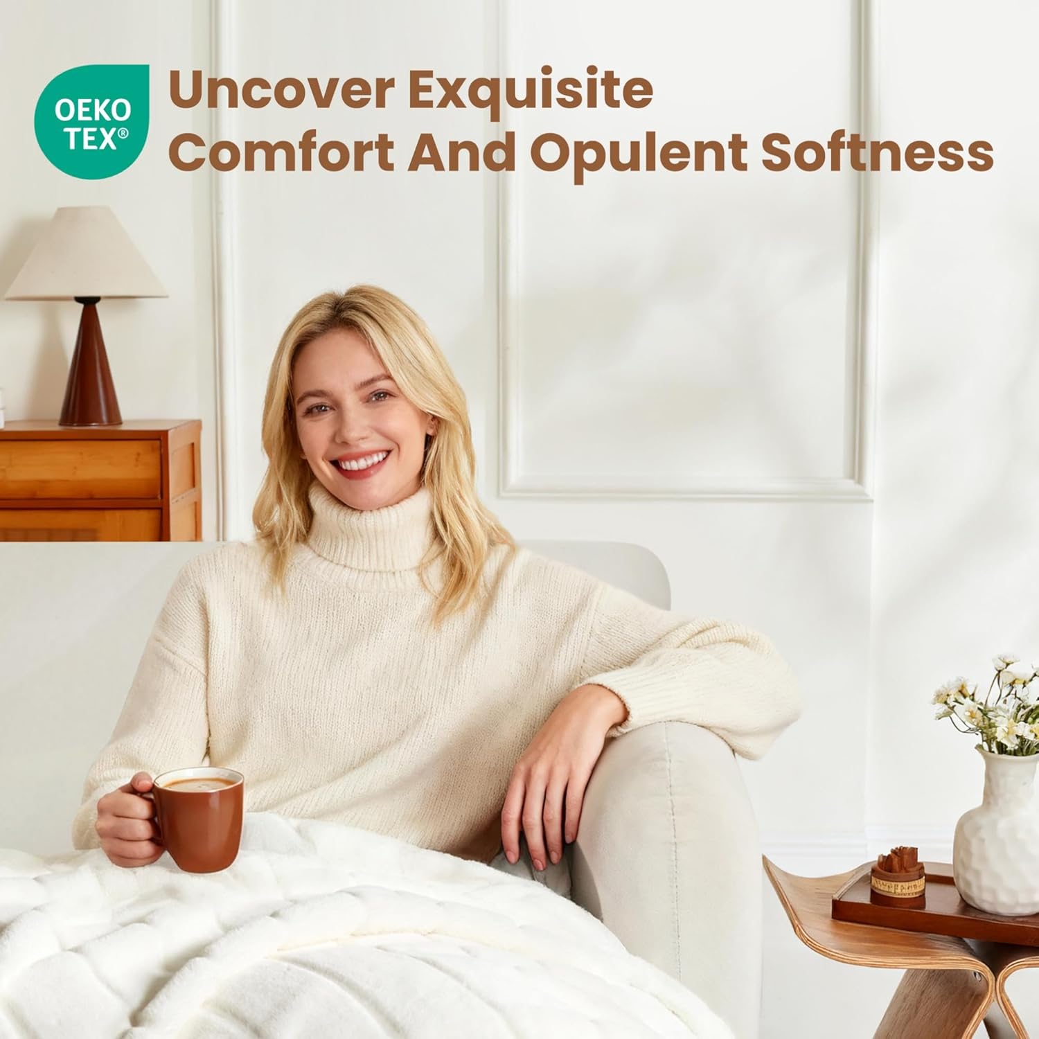 Sophia & William Cream White Faux Rabbit Fur Throw Blanket, Micro Mink Dual-Sided Soft Blankets, Warm Fuzzy Fluffy Blanket for Couch Bed Sofa, Machine Washable, 90" x 90" - Image 4