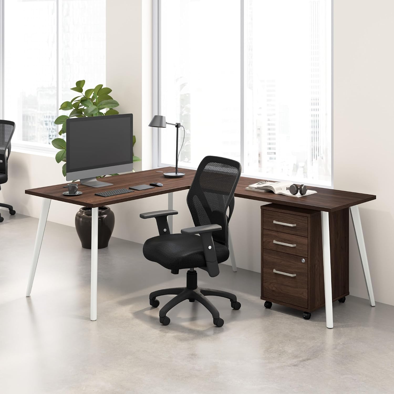 Bush Business Furniture L Shaped Computer Desk 60 inch with 3 Drawer Mobile File Cabinet, Gaming Corner Table with Storage for Home Office, Vista Collection, Modern, Dark Brown/White